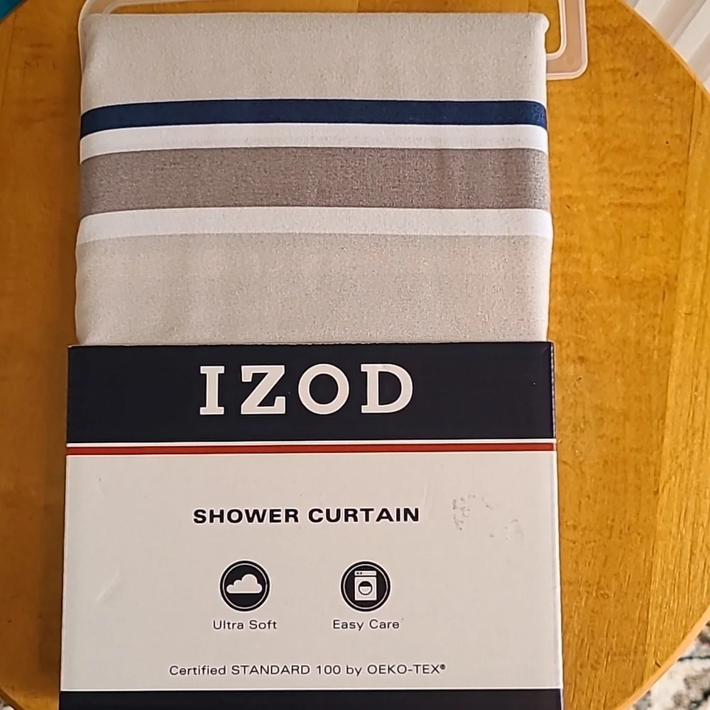 IZOD GRAY & BLUE STRIPED SHOWER CURTAIN